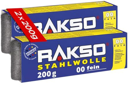 RAKSO Stahlwolle fein 00-400 g, 2 Banderolen à 200g, glättet Hölzer, Reinigung Kunststoffjalousien, Gartenmöbel, aufpolieren Aluminium
