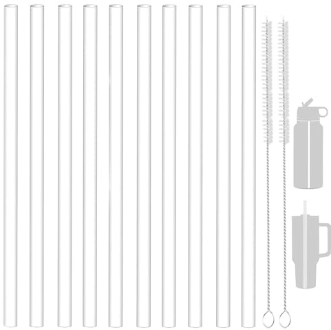 10 PCS Replacement Plastic Straws, Reusable Drinking Starws Compatible with HydroFlask Water Bottle 18-64oz and Other Brands, Water Bottle Straw Replacement with 2 Straw Brushes,Clear Straws Non Toxic