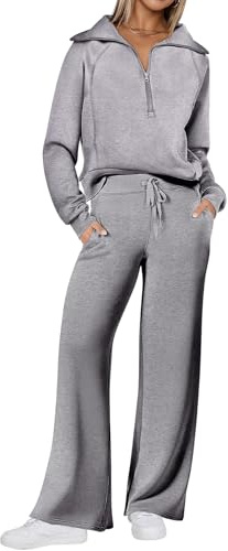 REORIA Women Cotton Zippered Lapel Tracksuit Set Long Sleeve Two Piece Outfit Lounge Wear Sets Solid Color Co Ord Sets Light Grey M