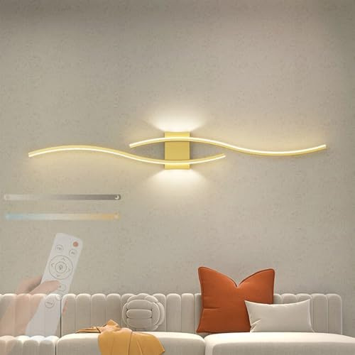TZSMUM LED Modern Wandleuchte Innen mit Fernbedienung Wandlampe 2700K-6500K Dimmbar Wandbeleuchtung Acryl Eisen Kurve Design Dekoration für Wohnzimmer Schlafzimmer Bettseite (120cm,Gold)