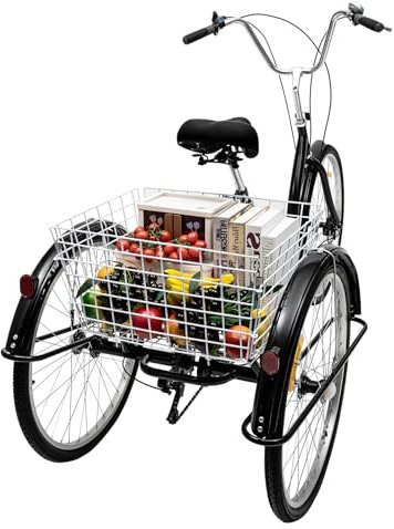 CHIMHOON 26 Zoll Dreirad Fahrrad,6-Gang 3 Räder Fahrrad mit Einkaufskorb,Schwarz/Weiß Dreirad für Erwachsene Senioren,Geeignet für Personen mit Einer Körpergröße von 5,4-6,07 Fuß (Schwarz)