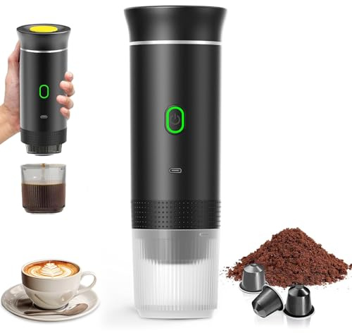 PZCC Cafetera Portatil, Cafetera Portátil Cápsula de Espresso 3 en 1, Autocalentamiento de 2a 6 Minutos, Para Cápsulas Pequeñas o Grandes y Café Molido, Cafetera Portátil para Oficina y Hogar (Negro)