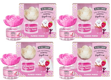 The Fruit Company Flor Perfumada Fresa y Nata Pack 4 uds – Ambientador Decorativo de 50 ml con Aroma Dulce y Cremoso – Larga Duración – Ideal para Hogar, Oficina o Regalo Original