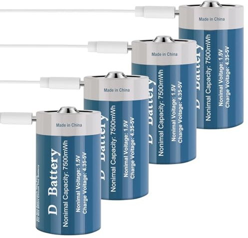 TOPUSSE Rechargeable D Batteries 4 Pack, Long-Lasting 1.5V 7500mWh Lithium D Size Battery with USB Charging Cable