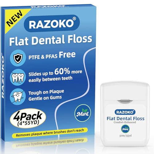 RAZOKO Flache Zahnseide, PFAS- & PTFE-frei, Reißfest, Sanft zum Zahnfleisch, Ultra-glatt für Tiefenreinigung, Natürliches Wachs, Cool Mint, 4er-Pack (4 x 50m) - für Erwachsene & Kinder | Ultraglattes, flaches Band, hochfeste, schnipselfeste Fasern, erfrischender eisiger Minzgeschmack, reisebereiter Spender