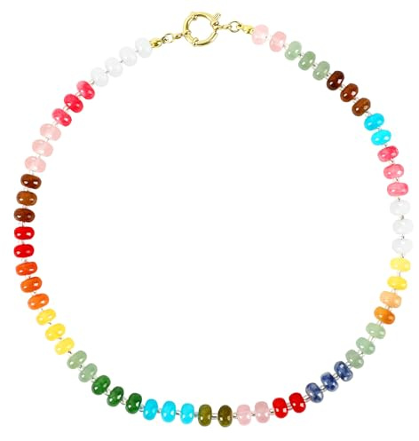 JULBEAR Beaded Gemstone Necklace for Women, Colorful Natural Stone Choker Necklace Boho Beach Necklace Rainbow Stone Summer Jewelry