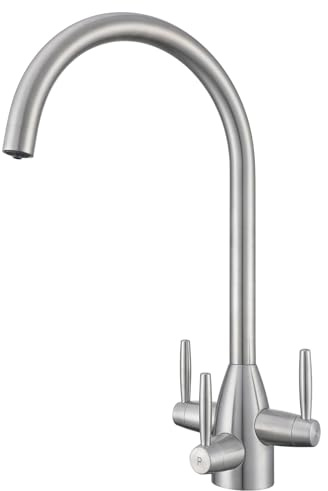 Filter Water Tap 3 Way Drinking Water Tap Stainless Steel Kitchen Sink Mixer Tap Hot Cold Filtered Water Kitchen Faucet Triple Lever Handle Swan Swivel Spout