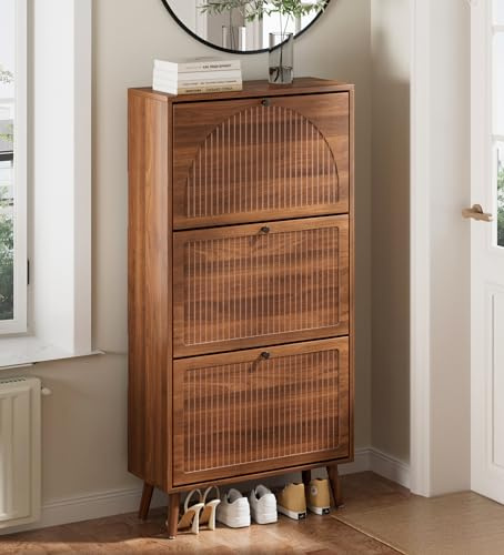 Fsbecl Shoe Storage Cabinet for Entryway with 3 Flip Drawers, Narrow Shoe Organizer with Fluted Panel, Freestanding Wood Hidden Shoe Cabinet for Hallway (Walnut, 23.6''W, Double Layer)