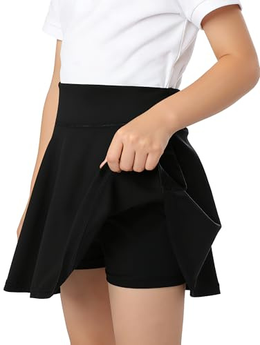 KAKU NANAU Falda Short para Niñas de Cintura Alta Negra con Pantalón Corto Integrado–Tejido Elástico y Secado Rápido–para Tenis,Colegio y Verano Tallas 7 a 14 Años Diseño Liso sin Bolsillos