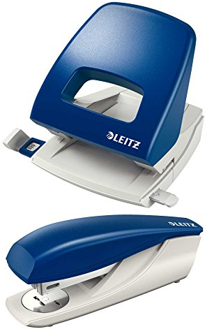 Leitz NeXXt Series Bürolocher 5005, 25 Blatt, Anschlagschiene mit Formatvorgaben, Metall, Nexxt mit Leitz Heftgerät 5500 30 Blatt (blau mit Hefter)