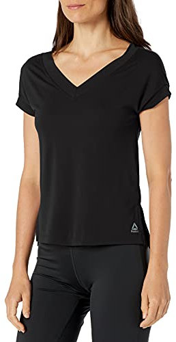 Reebok Damen Workout Ready Supremium-T-Shirt mit V-Ausschnitt, Damen, kurzärmelig, Workout Ready Supremium V-Neck Tee, schwarz, Medium