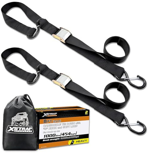 XSTRAP STANDARD Motorcycle Tie Down Straps (2 Pack) 3,000lb Break Strength, 1.5 in X 8FT Heavy-Duty Cambuckle Tie Down Set with S Hook and Soft Loops, Black