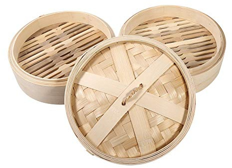Mumusuki 4 Größen 2 Ebenen Bambus Dampfkorb Chinesische Naturkost Herd Mit Deckel Neu zum Kochen Dim Sum, Brötchen, Knödel, Gemüse(22cm)