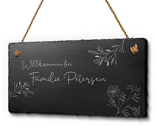 Schöne Schiefer Türschilder für die Haustür mit Gravur - 20x10 cm - Schiefer Schild mit Kordel zum Aufhängen - graviertes Haustürschild & Willkommensschild