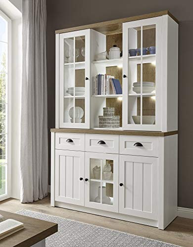 Buffet Tesorino I Holznachbildung Pinie Weiss Applikationen Eiche hell 130x198x35-43cm Highboard Board Sideboard Vitrine Standvitrine Vitrinenschrank Beleuchtung mit Beleuchtung
