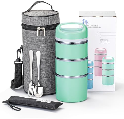 Lille Home Stackable Stainless Steel Thermal Compartment Lunch/Snack Box, 3-Tier Insulated Bento/Food Container with Lunch Bag, Utensils Set and Three Extra Seals, 43OZ