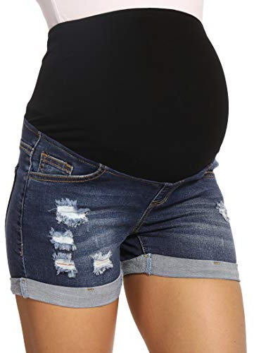 V VOCNI Maternity Denim Shorts for Women High Waist Distressed Cuffed Hem Casual Denim Jeans Short Dark Blue Large