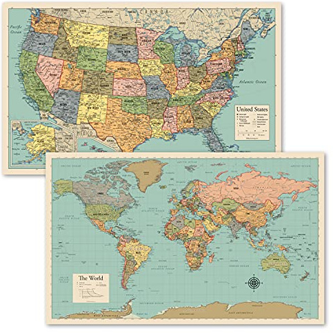 2 Stück – Weltkarte Poster & USA Karte Chart [Hellbraun/Farbe] laminiert, 45,7 x 73,7 cm