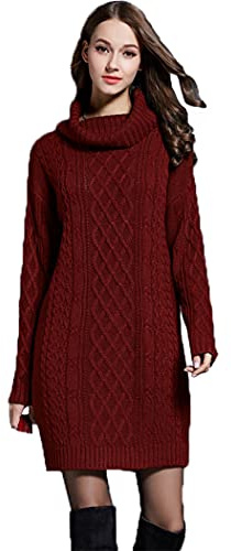 HZQIFEI Robe Pull Femme, Automne-Hiver Mini Robe Tricoté à Col Haut Robe Mi-Longue Chandail Pull Slim Fit (Vin Rouge, M)