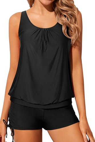 Yonique Blouson Tankini baddräkter för kvinnor 2-delad baddräkt toppar med pojkshorts blygsam lös passform badkläder, svart tankini, medium
