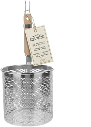 Angoily Mesh Pasta Strainer 1 Gal Stainless Steel 6.5 Deep Noodles Basket Hot Pot Colander with Wooden Handle 3.7L Boiling Spider Strainer for Cooking Dumpling Vegetable Food
