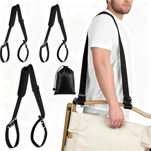 ZRruowin Beach Chair Backpack Straps 3 Pack - Heavy Duty Rocking Camping Chair Carrier, Adjustable Hands-Free Shoulder Straps for Folding Chairs (Black)