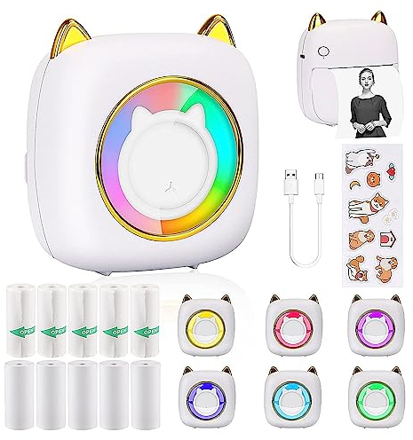HuiJuKeJi Mini Drucker, Taschendrucker, Mini Fotodrucker für Smartphone, Sticker Drucker, Thermo Fotodrucker für Journal, Reisen Logo, Notizen, Journal, Liste, Memo ((White)