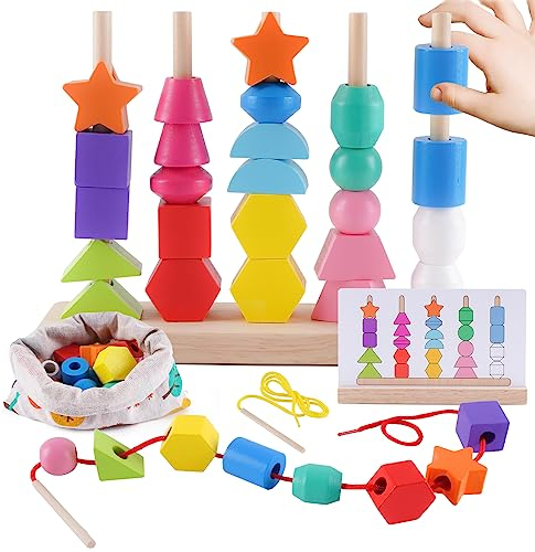 Montessori Spielzeug ab 3 4 5 Jahre, Holzspielzeug Steckspiel Fädelspiel Bausteine Sortierspiel für Kinder, Holz Stapelspiel Feinmotorik Motorikspielzeug Lernspiele Geschenk für Baby Junge Mädchen