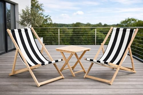 Merino Wool Muster-Set, 2 x Liege + Tisch, moderne Sonnenliegen, gepolstert, Holz, Gartenstuhl, Terrasse, Meer, zusammenklappbar, Hartholz, Strand, schwarz gestreift