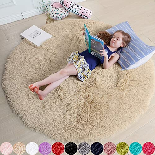 iyoimono Schlafzimmer Shaggy Plüsch Runden Teppich Bunte Batik Faux Flauschiger Samt Moderne Innenteppiche Lange Haare Fell Optik Gemütliches Bettvorleger Sofa Matte Carpet(Beige,140x 140 cm)