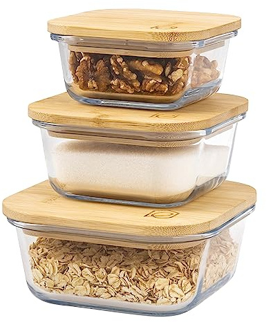 eluno Glas Aufbewahrungsdosen 3er-Set inkl. Bambusdeckel, Frischhaltedosen, quadratisch