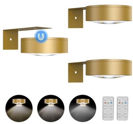 3Pack Picture Light Battery Operated Painting Lights for Wall Wireless Magnetic Display Art Light with Remote Control,Dimmable&Timer Portrait Light for Art Frame Artworking,Wall Decor Puck Lights-Gold