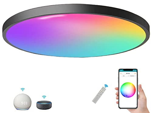 LED Deckenleuchte Alexa Kompatibel 32Cm Smart Deckenlampe Schwarz RGB Dimmbar mit Fernbedienung mit Apple Homekit Deckenleuchte Farbwechsel Steuerbar Via App 24W Rund Flach IP44 Schlafzimmer Flur
