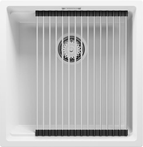 PRIMAGRAN Fregadero bajo Encimera al Mueble 50cm + Kit de desagüe, 46x47cm | Set: Kit de desagüe (sifón, válvula, rebosadero) + Enrollable Escurridor + Prague Level 1 Seno para Cocina, Blanco