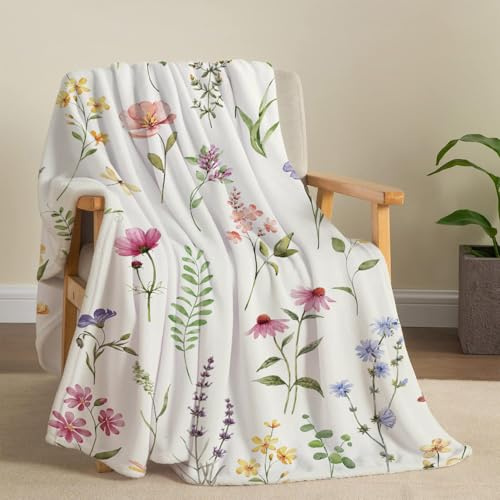 Tupmnbry Wildflowers Throw Blanket Botanical Floral Printed Blanket Super Soft Flannel Throw Blanket Lightweight Fluffy Plush Fuzzy Bed Blanket for Bedding Sofa and Travel 60 x 80 inches