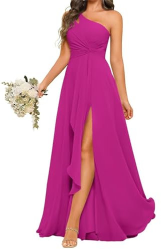 SAYNO Vestido de dama de honor de gasa con un hombro y corpiño plisado, vestido largo acampanado formal para mujer, fucsia, 34