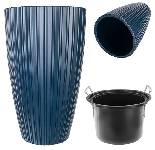 KADAX Runder Blumentopf, Dekorativer Blumenübertopf mit Inneneinsatz, Übertopf aus Kunststoff, Pflanztopf für Innen und Außenbereich (Blau)