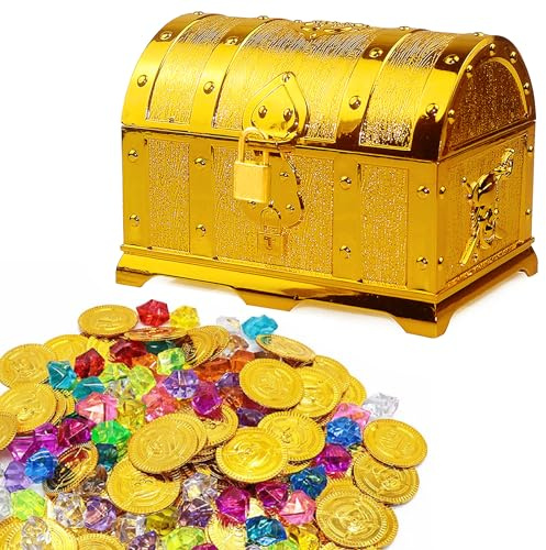 Schatzkiste Kindergeburtstag Gold Mit Schloss und Schlüssel - Piraten Schatztruhe Klein für Aufbewahren und Dekor (Mit Goldmünzen)