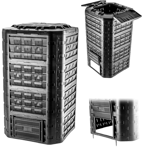 KADAX Compostiera modulare per rifiuti da giardino, compostiera da giardino in plastica, bidone di compostaggio con ventilazione e irrigazione, contenitore per compostaggio, compostiera rapida (nero