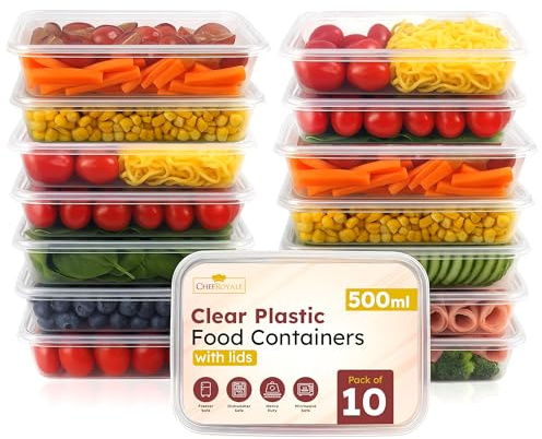 CHEF ROYALE 10x 500ml Food Storage Container Plastic Microwave Freezer Safe Food Prep Takeaway Container with Airtight Lids Dishwasher Safe - Ideal for Takeaway Recyclable BPA FREE (10, 500ml)