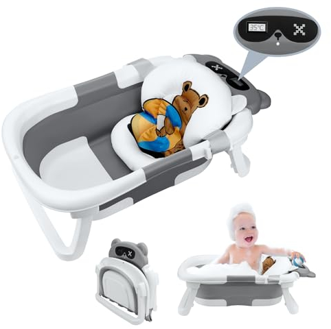 vvhippo Vaschetta da Bagno Pieghevole, Vaschetta Bagnetto Neonato con Indicatore di Temperatura, Vaschetta da Bagno Portatile con Tappetino Antiscivolo, Foro di Drenaggio, per Bambini da 0 a 36 Mesi