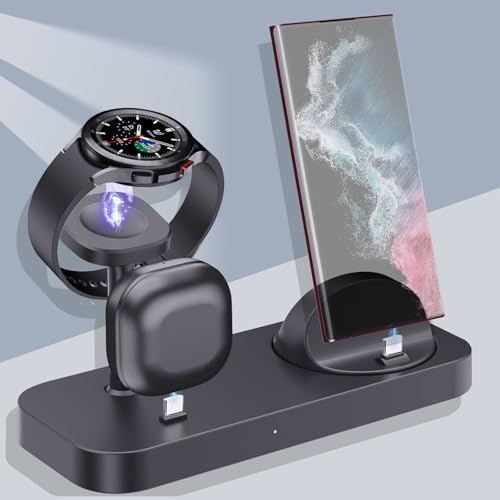 Induktive Ladestation für Samsung ladestation Samsung Watch und Handy 4 in 1 Ladestation Kompatibel für Z Flip 5/4/3 Z Fold 5/4/3 S24/S23 S22 S20 Ultra, Galaxy Watch 6/5/4/3 Galaxy Buds (Black)