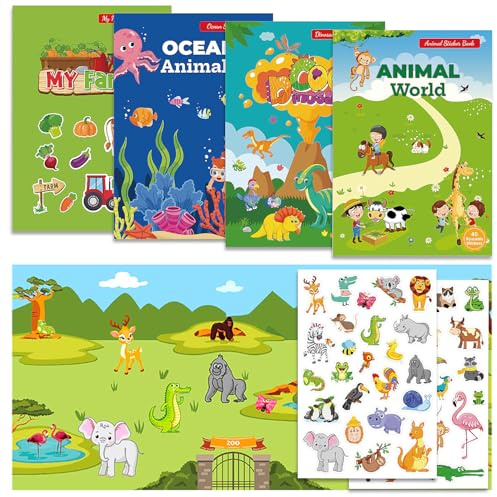 OWill Lot de 4 livres d'autocollants réutilisables, gommettes pour enfants, garçons et filles dès 3 ans, thèmes océan, dinosaures, animaux de la ferme et animaux