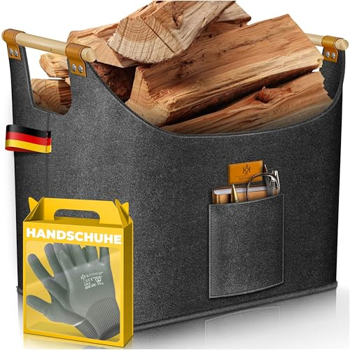 KESSER® Cesta para leña de 90 litros | Bolsa para leña de chimenea de fieltro extra grueso | Cesta plegable con asas de madera reforzadas | Cesta de almacenamiento para madera, periódico o leña |