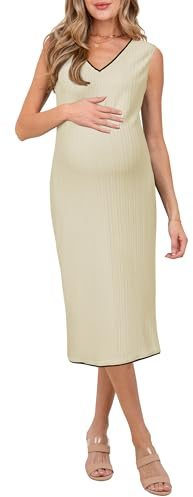 OUGES Dam 2025 sommar V-hals moderskapsklänning ärmlös vardaglig bodycon kabel stickad midi-klänning graviditetskläder trendig, Aprikos, M