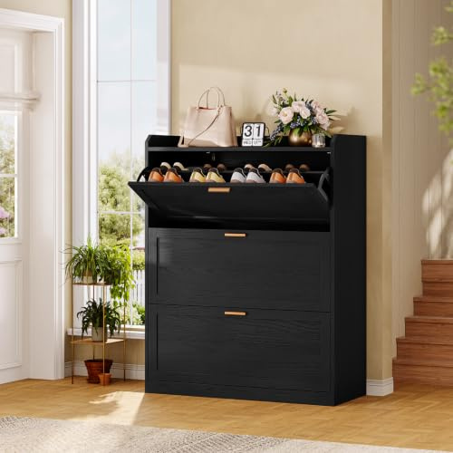 KIMENICH Schuhschrank mit 3 Klappen, Schuhkipper Schmal, Trennwand Verstellbar, für 16-24 Paar Schuhe, Flur, Portale, 24 x 80 x 121 cm, Schwarz