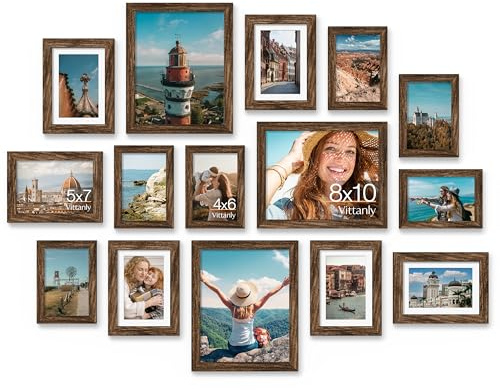 Vittanly 15 Pack Picture Frames Collage Wall Decor for Mounting or Tabletop Display, Gallery Frame Set for Family, Multi Sizes Including 3pcs 8x10, 6pcs 5x7, 6pcs 4x6, Brown
