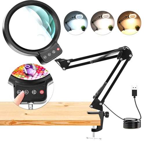 NZQXJXZ 10X 30X Large Magnifying Glass with Light, LED Lighted Magnifier lamp with Clamp, 3 Colour Modes Stepless Dimmable, Hands-Free Magnifying Glass Desk Lamp for Close Work, Reading, Craft, Hobby