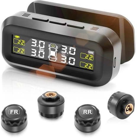 Avutrel Reifendruckkontrollsystem TPMS 0-3.5bar Reifendrucküberwachung mit Solar USB-Ladung 4 Externe Reifendruck Sensoren 5 Alarmmodi Tire Pressure für Autos SUVs