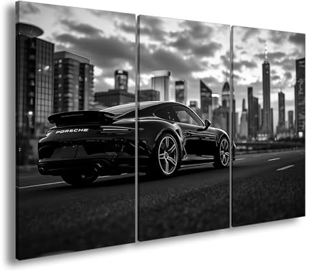 deyoli Leinwandbild Schwarzer Porsche vor Skyline – elegant, schnell, urban. Format: 120x80cm (3Teilig) Effekt:Schwarz&Weiß XXL Kunstdruck Bild auf Holzrahmen/Wandbild/Wohnzimmer Dekoration